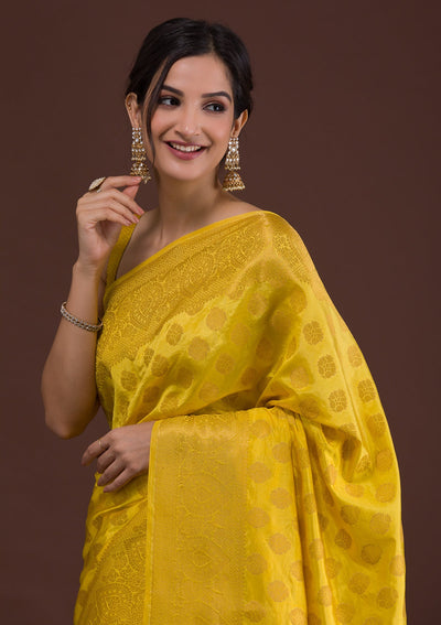 Yellow Zariwork Art Silk Unstitched Saree-Koskii