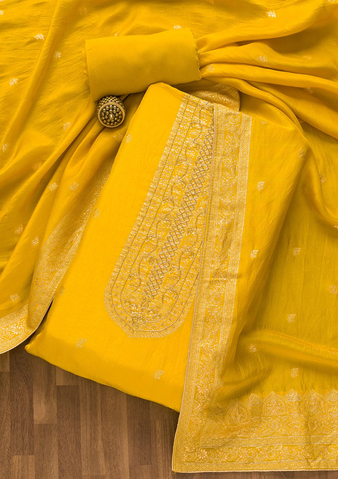 Yellow Zariwork Art Silk Unstitched Salwar Kameez-Koskii