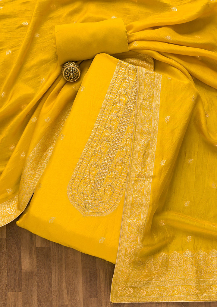 Yellow Zariwork Art Silk Unstitched Salwar Kameez-Koskii