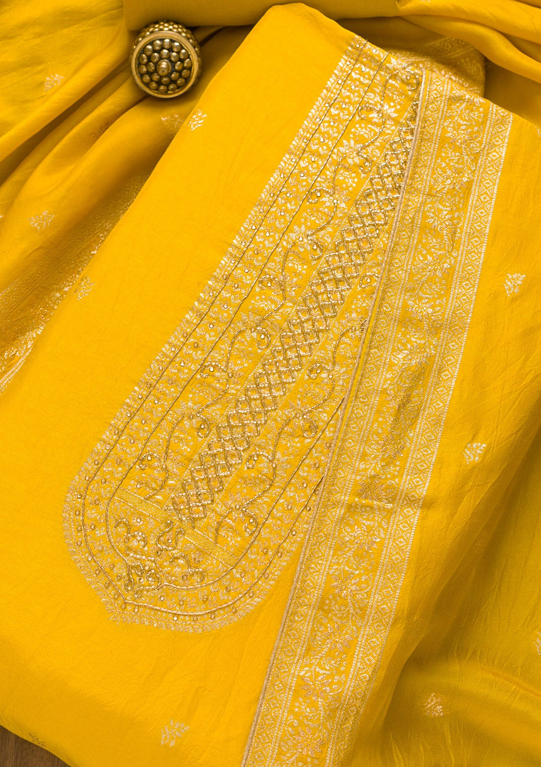 Yellow Zariwork Art Silk Unstitched Salwar Kameez-Koskii
