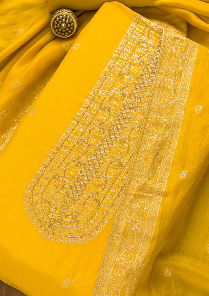 Yellow Zariwork Art Silk Unstitched Salwar Kameez-Koskii