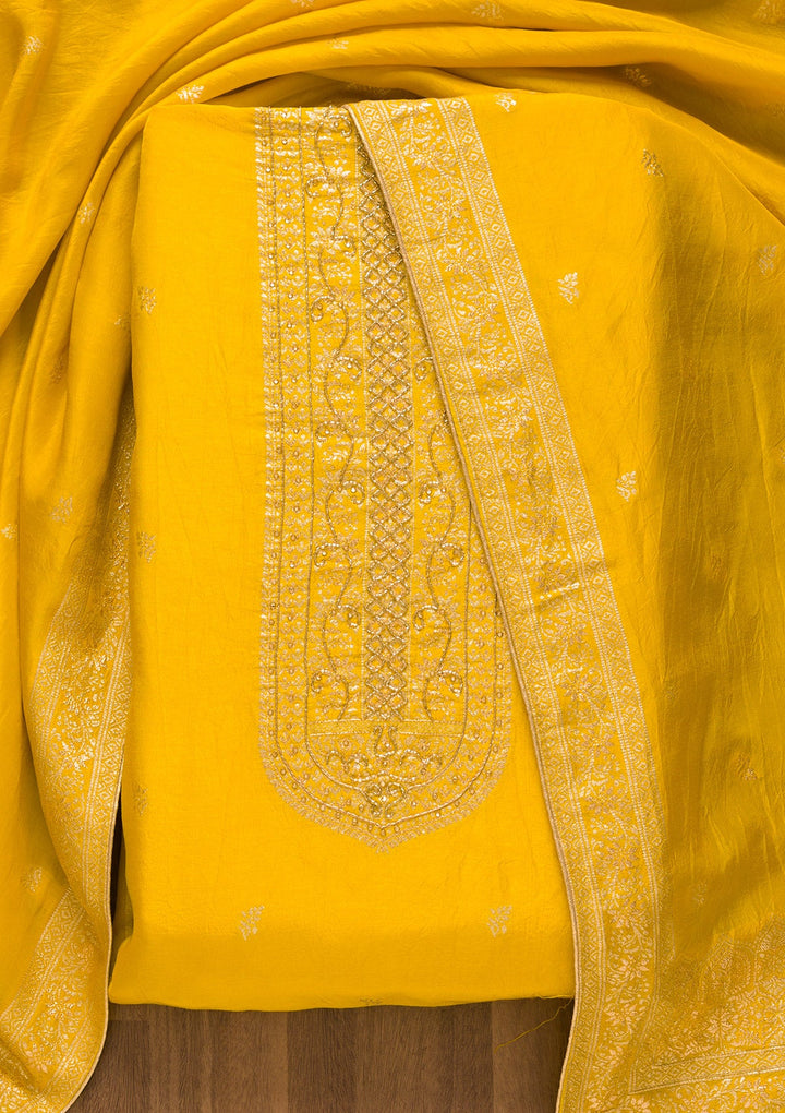 Yellow Zariwork Art Silk Unstitched Salwar Kameez-Koskii