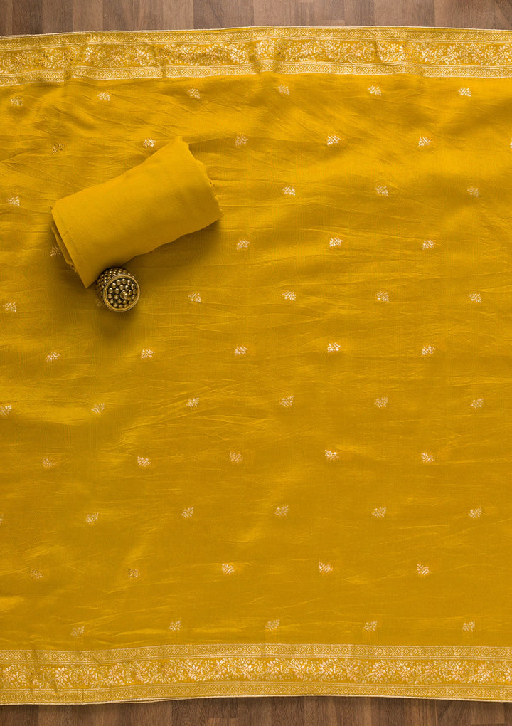 Yellow Zariwork Art Silk Unstitched Salwar Kameez-Koskii