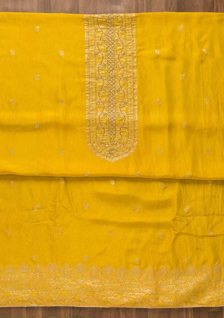 Yellow Zariwork Art Silk Unstitched Salwar Kameez-Koskii