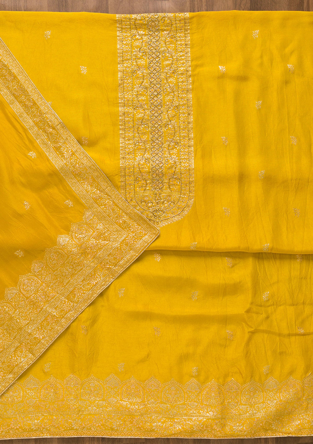 Yellow Zariwork Art Silk Unstitched Salwar Kameez-Koskii