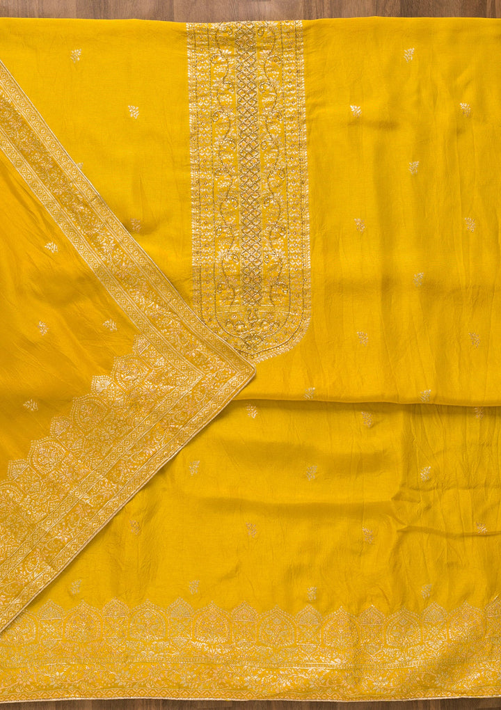 Yellow Zariwork Art Silk Unstitched Salwar Kameez-Koskii