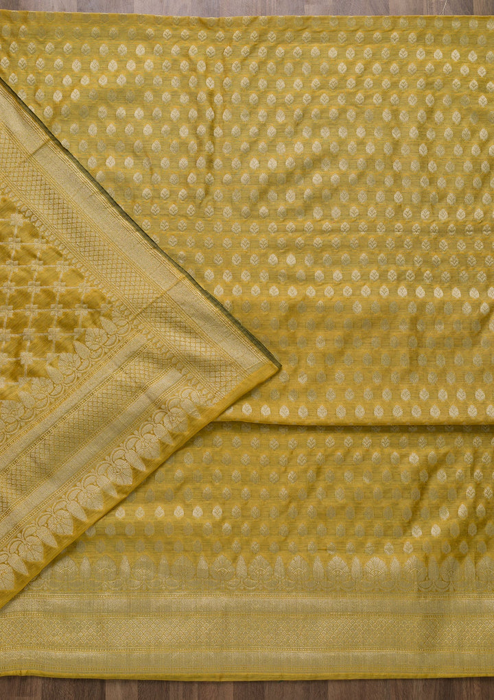 Yellow Zariwork Banarasi Unstitched Salwar Suit-Koskii