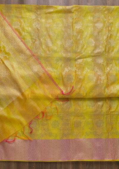 Yellow Zariwork Banarasi Unstitched Salwar Suit-Koskii