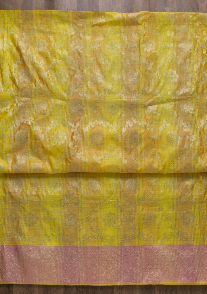 Yellow Zariwork Banarasi Unstitched Salwar Suit-Koskii