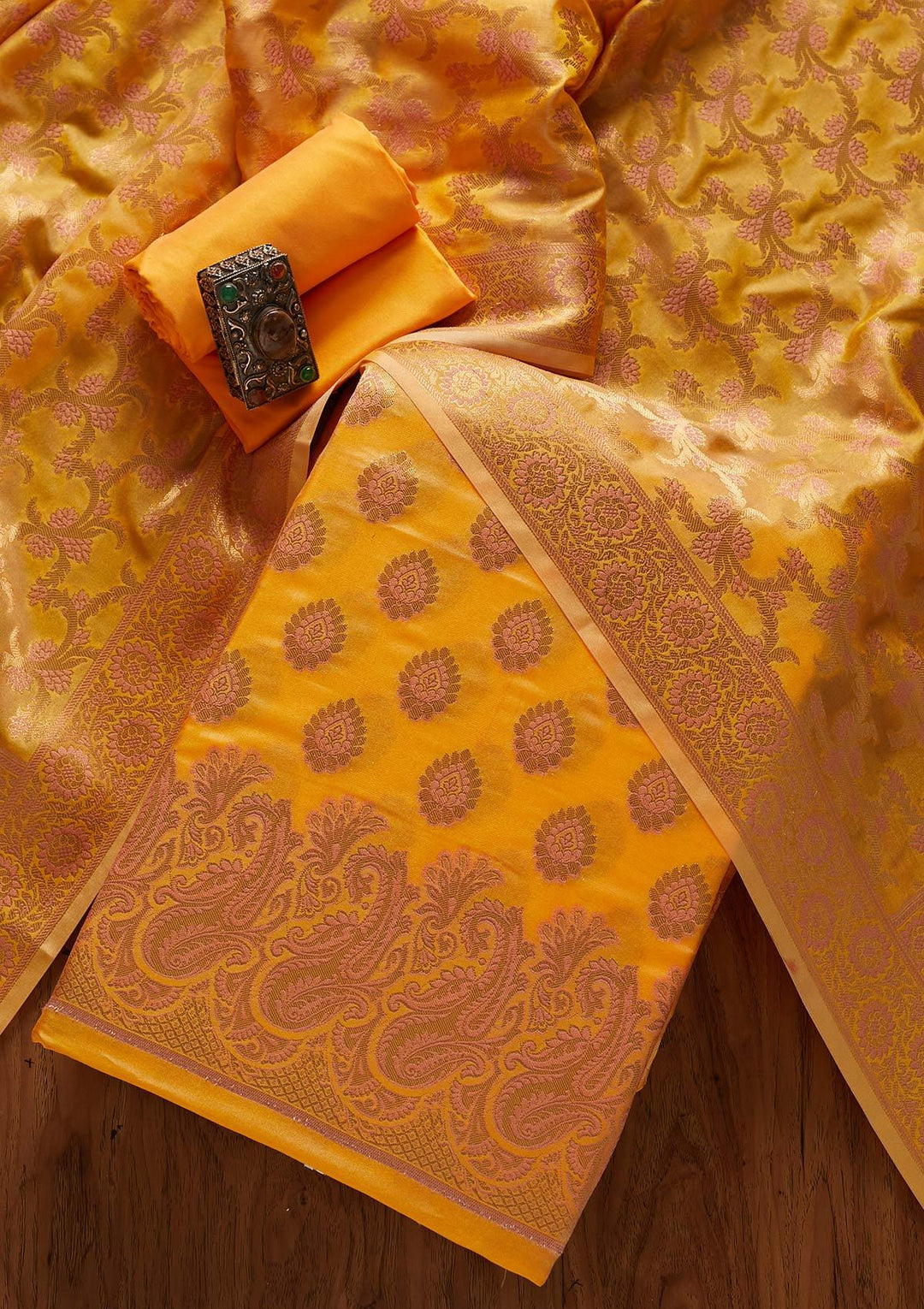 Yellow Zariwork Banarasi Designer Unstitched Salwar Suit - koskii