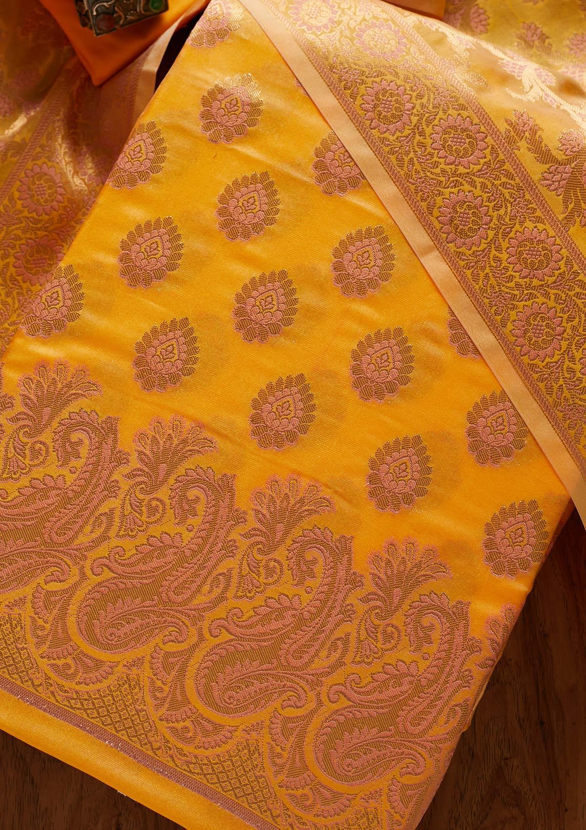 Yellow Zariwork Banarasi Designer Unstitched Salwar Suit - koskii