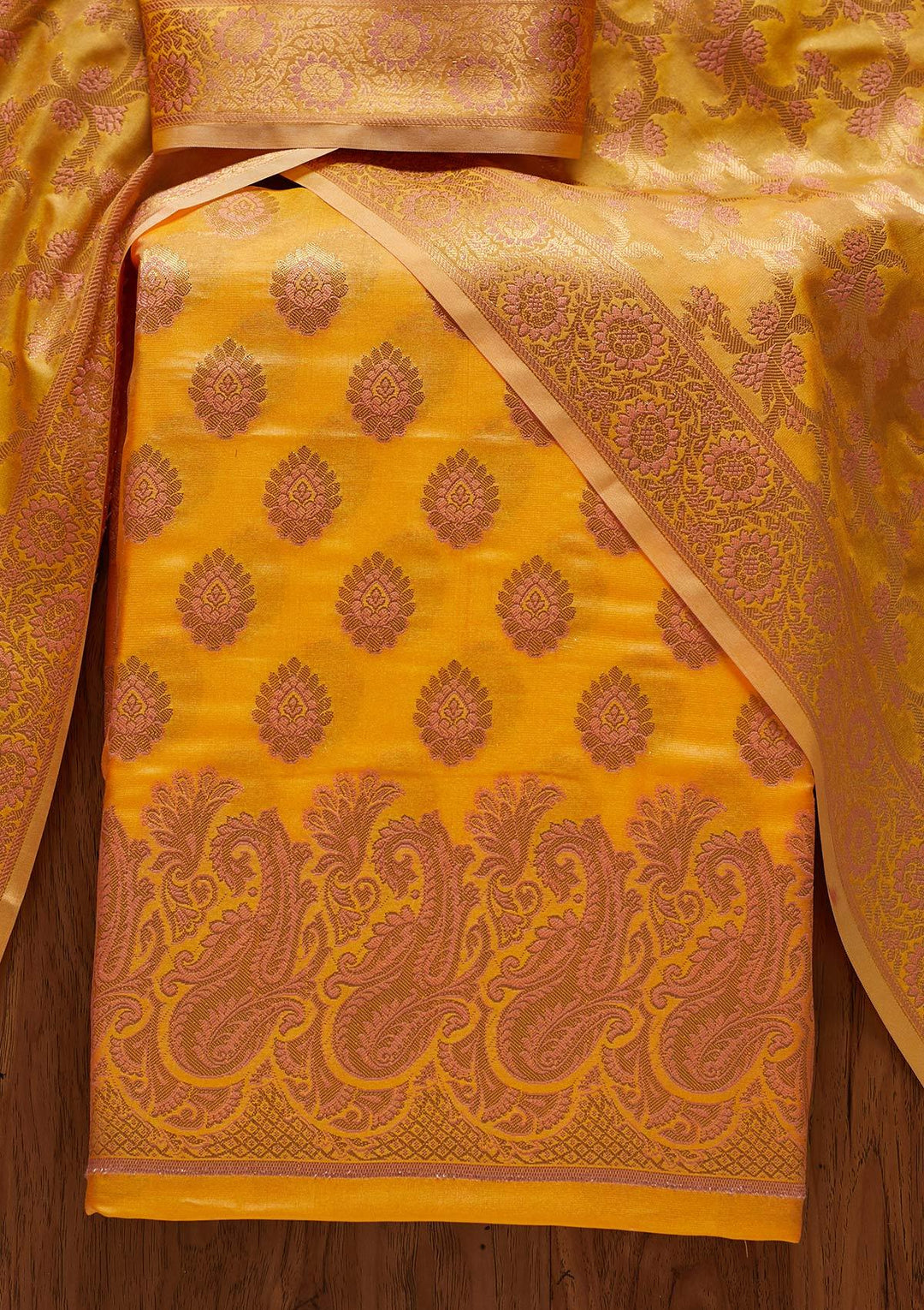 Yellow Zariwork Banarasi Designer Unstitched Salwar Suit - koskii