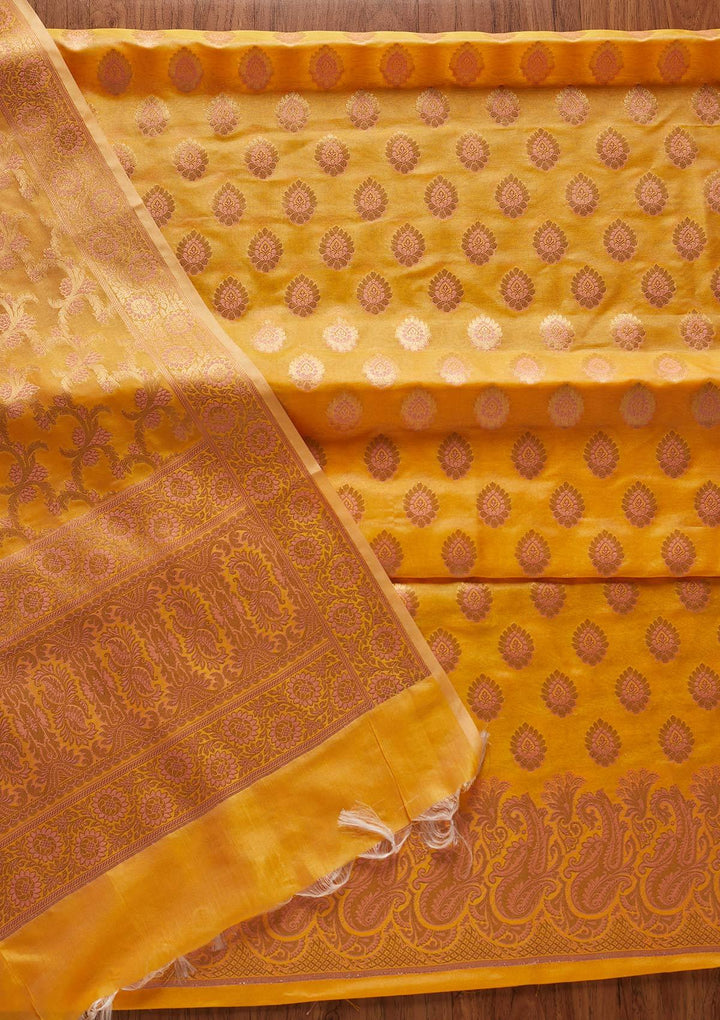 Yellow Zariwork Banarasi Designer Unstitched Salwar Suit - koskii
