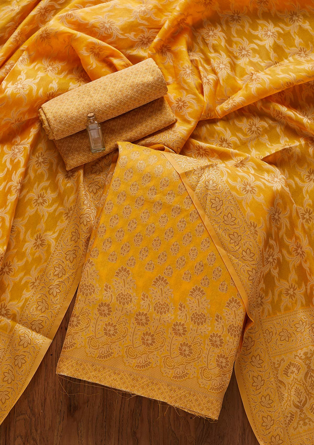 Yellow Zariwork Banarasi Designer Unstitched Salwar Suit - koskii