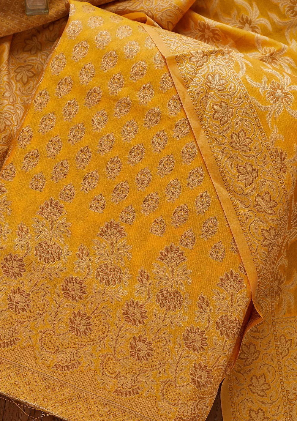 Yellow Zariwork Banarasi Designer Unstitched Salwar Suit - koskii