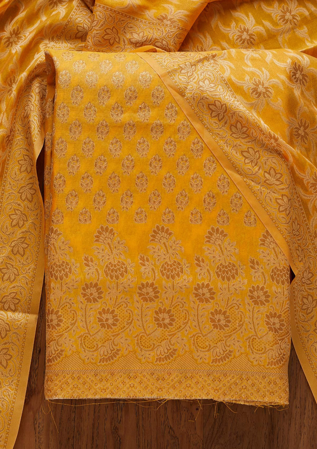 Yellow Zariwork Banarasi Designer Unstitched Salwar Suit - koskii