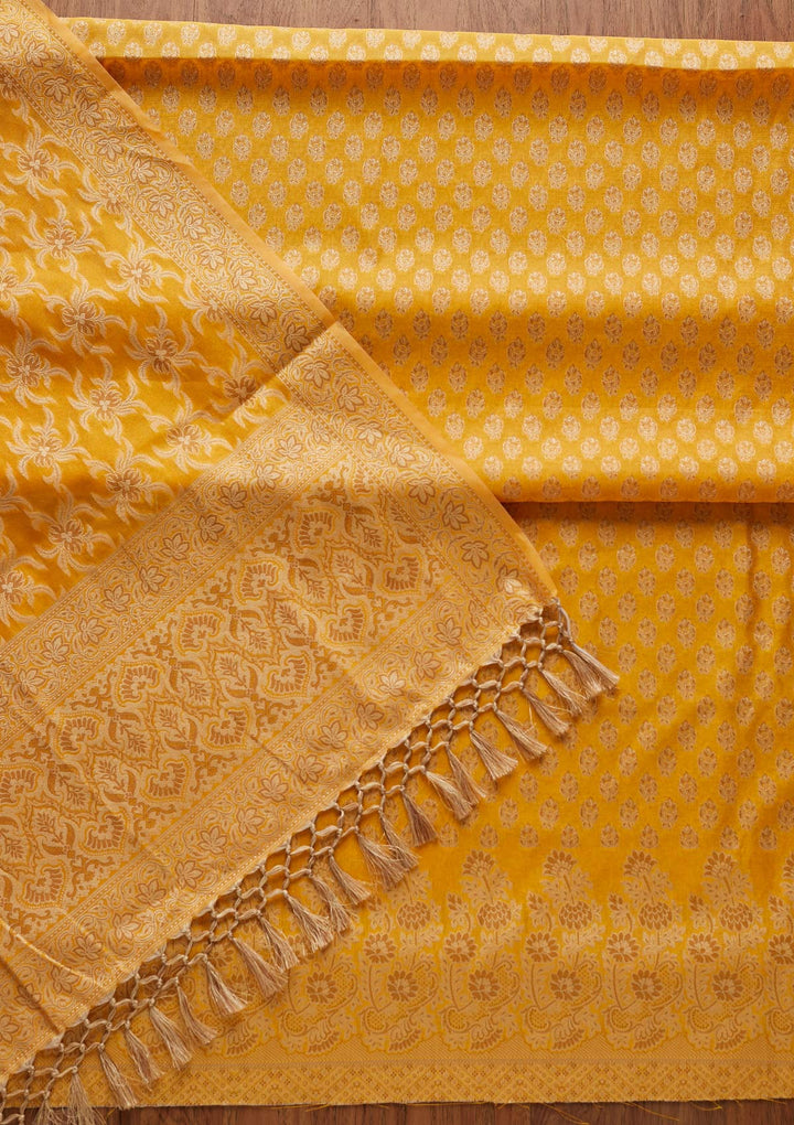Yellow Zariwork Banarasi Designer Unstitched Salwar Suit - koskii