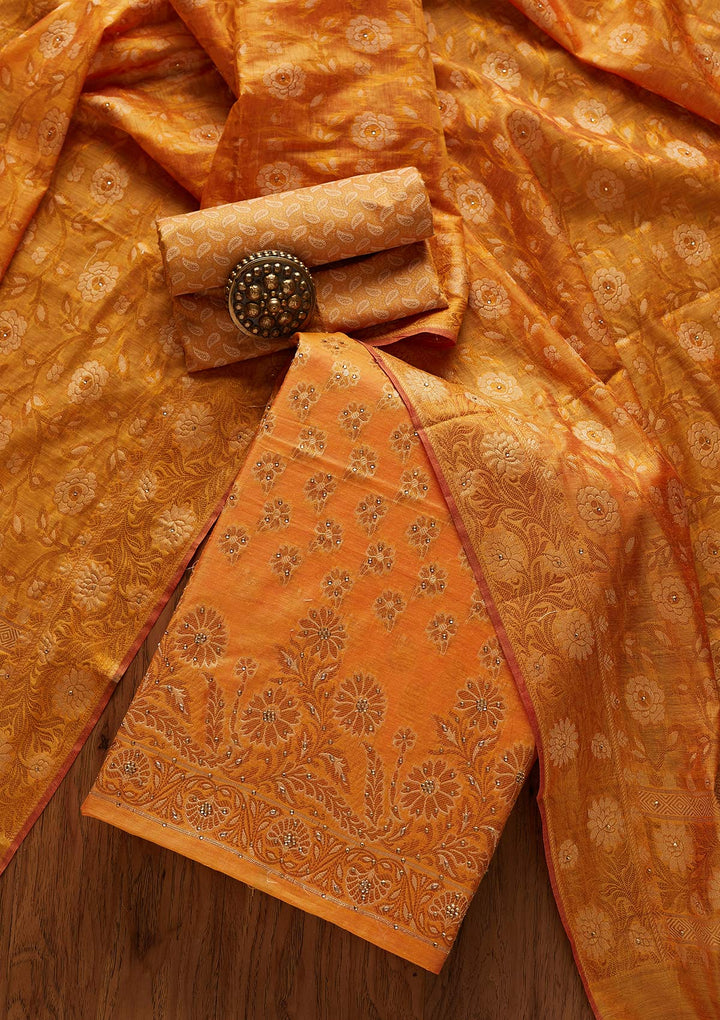 Yellow Zariwork Banarasi Designer Unstitched Salwar Suit - koskii