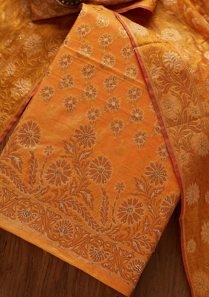 Yellow Zariwork Banarasi Designer Unstitched Salwar Suit - koskii