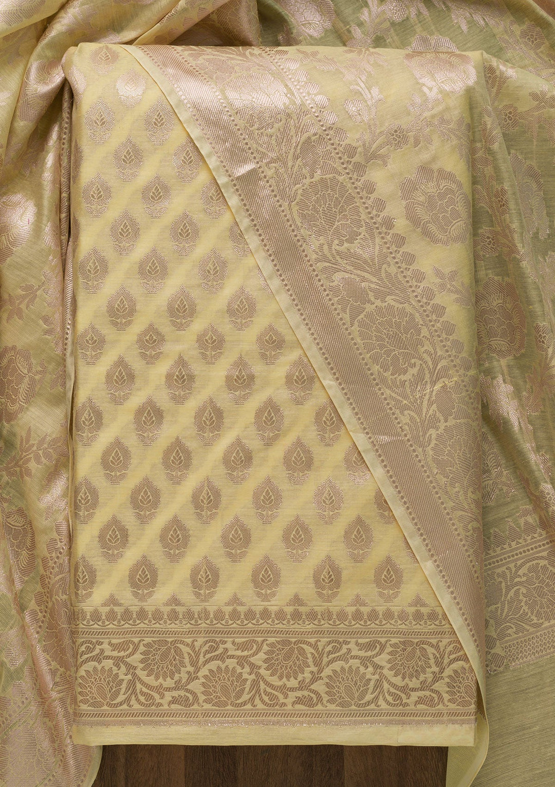 Yellow Zariwork Banarasi Unstitched Salwar Kameez-Koskii