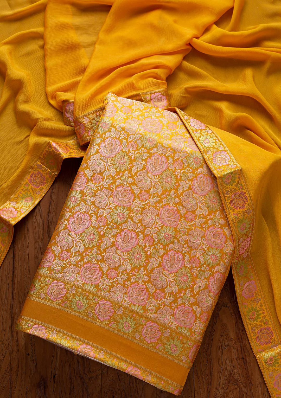 Yellow Zariwork Brocade Designer Unstitched Salwar Suit - koskii