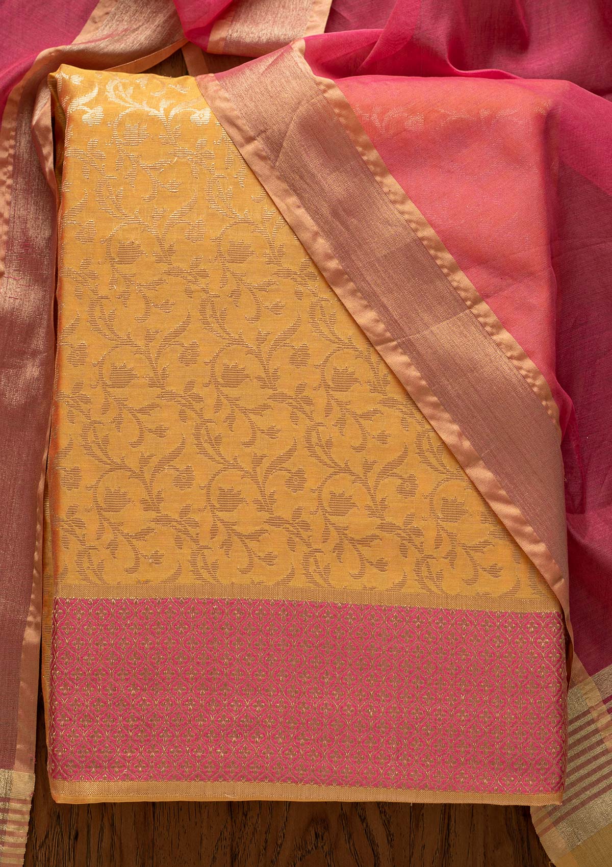 Yellow Zariwork Brocade Designer Unstitched Salwar Suit - Koskii