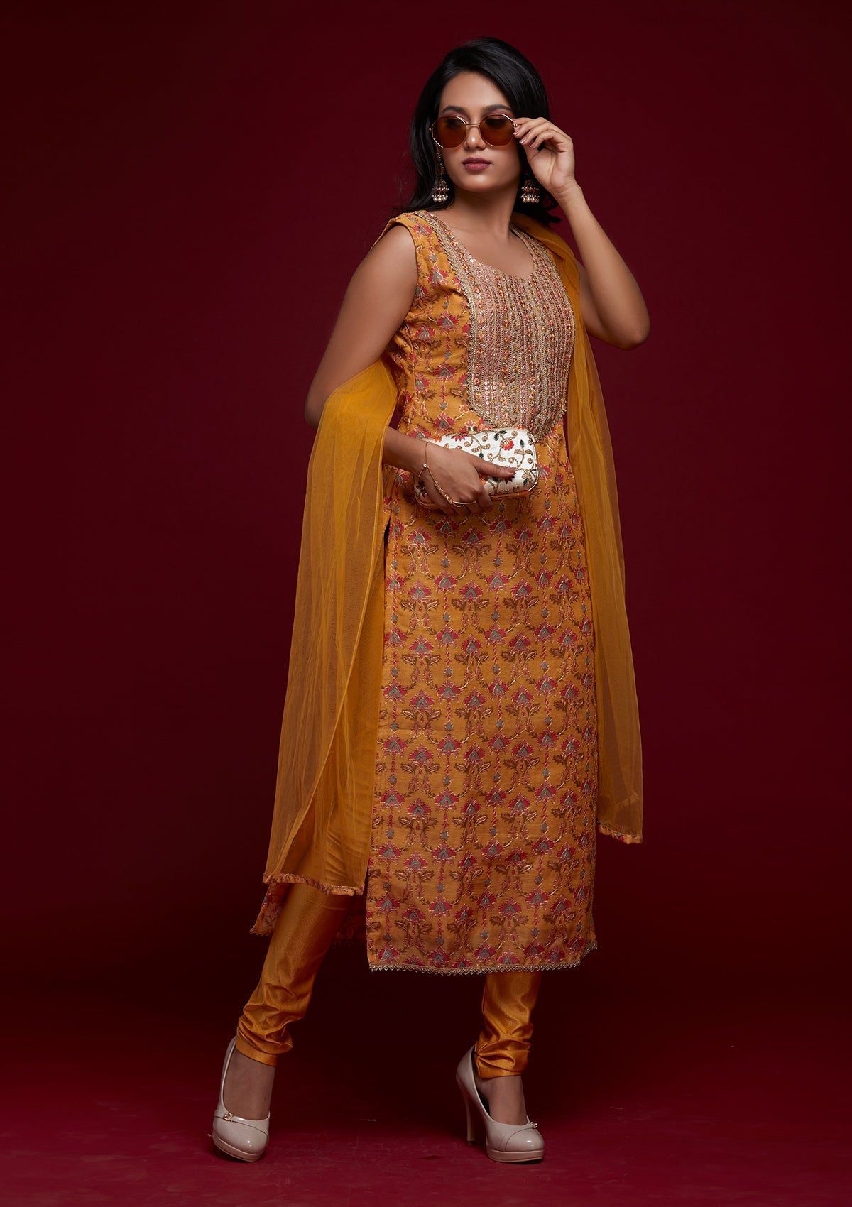 Yellow Zariwork Chanderi Designer Salwar Suit - Koskii