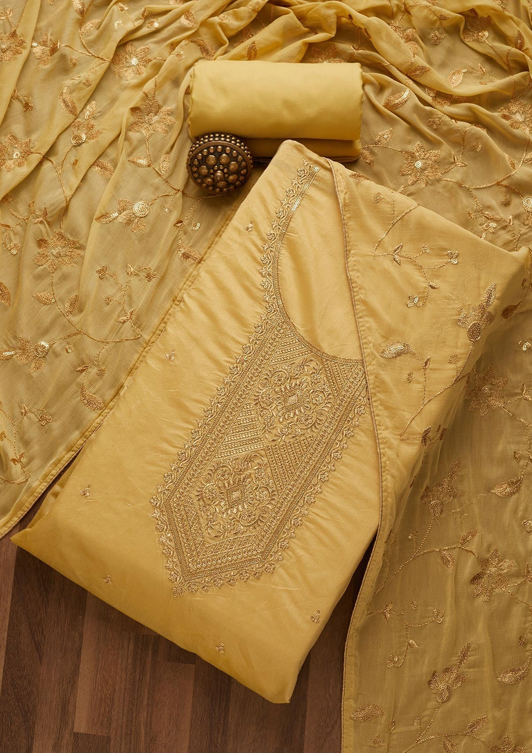 Yellow Zariwork Chanderi Unstitched Salwar Suit-Koskii