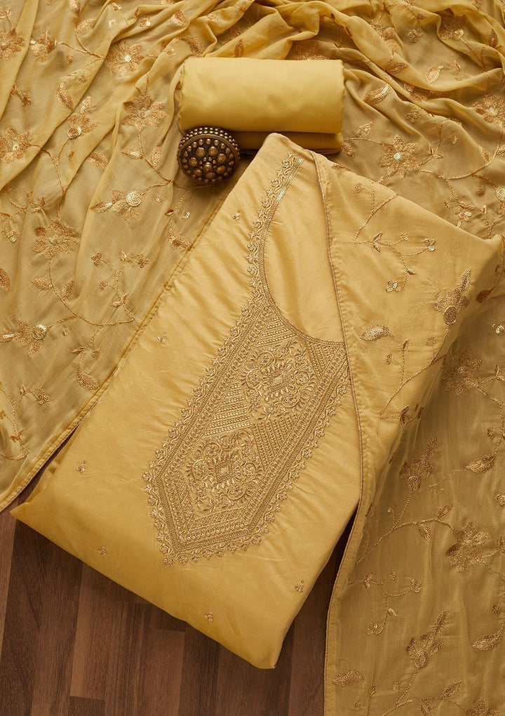 Yellow Zariwork Chanderi Unstitched Salwar Suit-Koskii