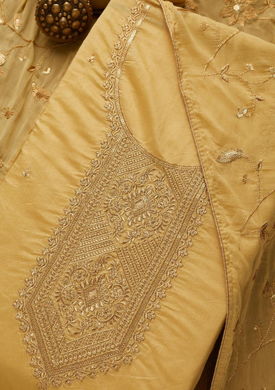 Yellow Zariwork Chanderi Unstitched Salwar Suit-Koskii
