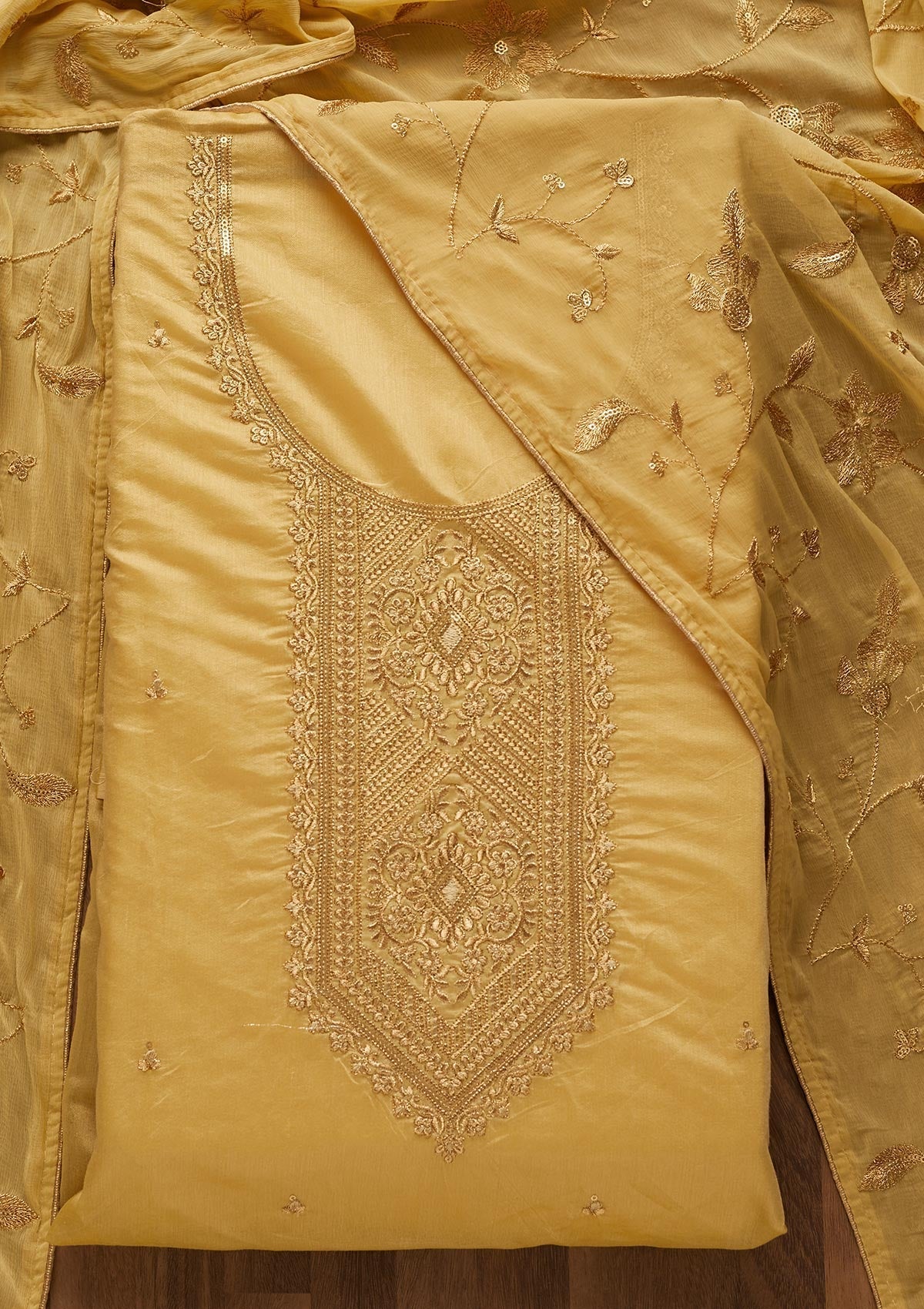 Yellow Zariwork Chanderi Unstitched Salwar Suit-Koskii