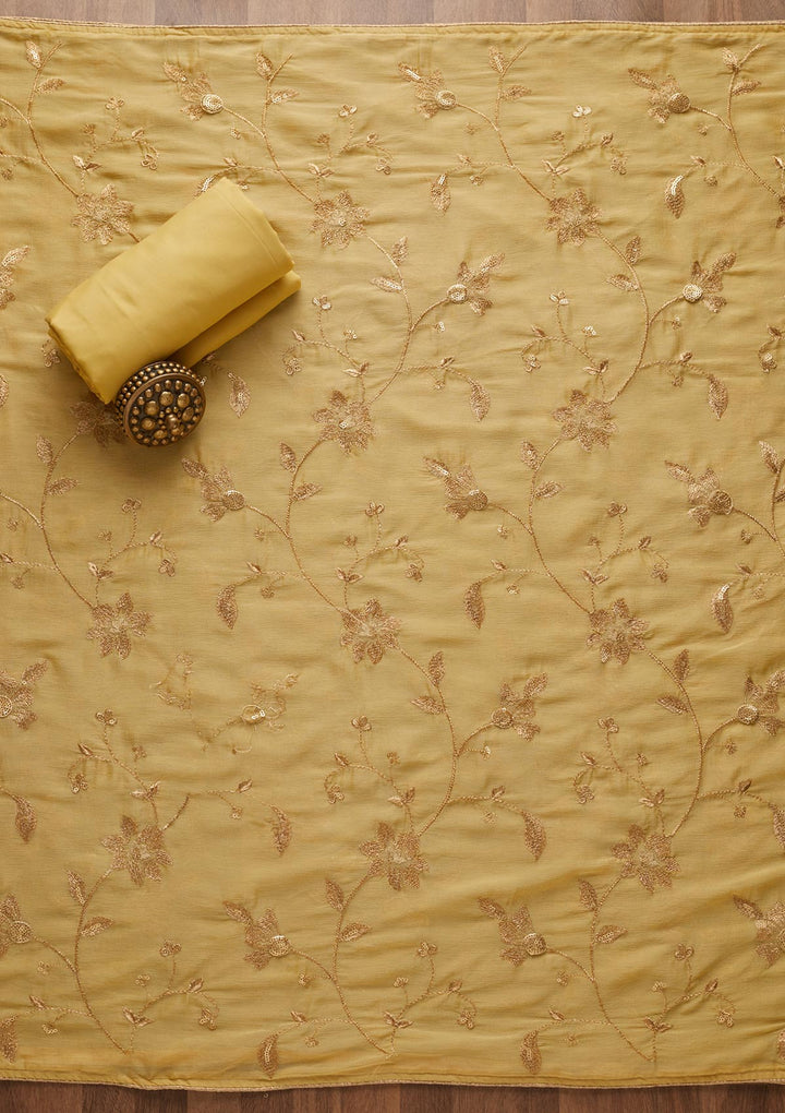 Yellow Zariwork Chanderi Unstitched Salwar Suit-Koskii