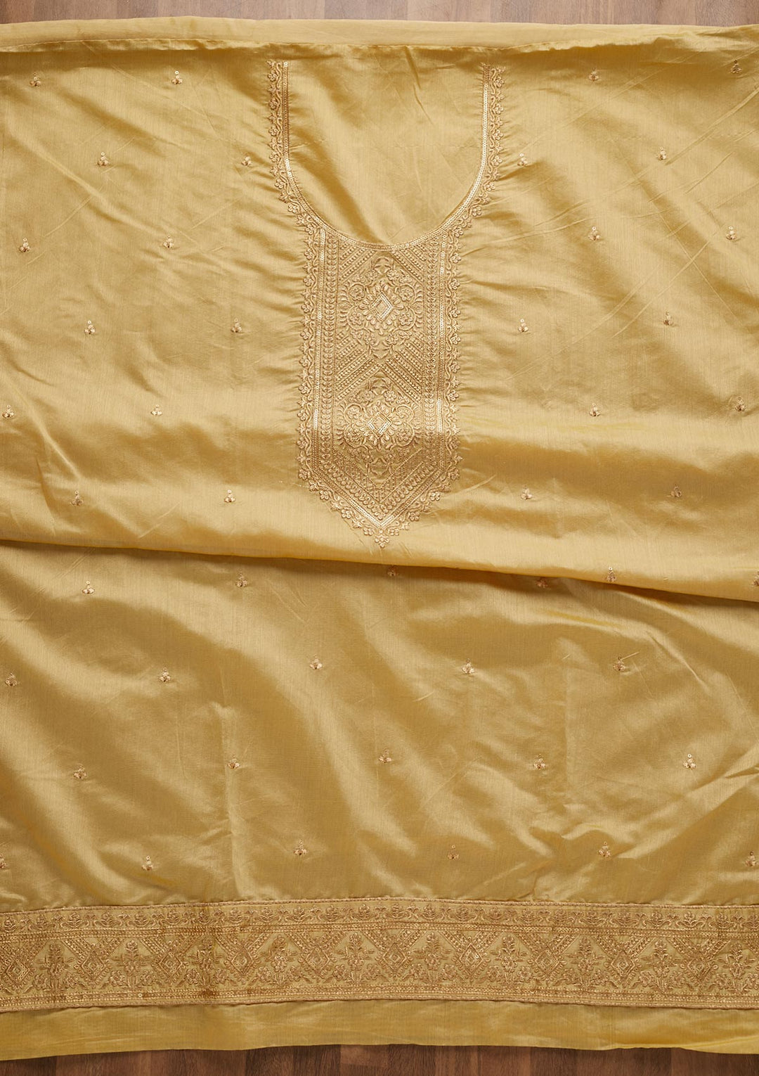 Yellow Zariwork Chanderi Unstitched Salwar Suit-Koskii