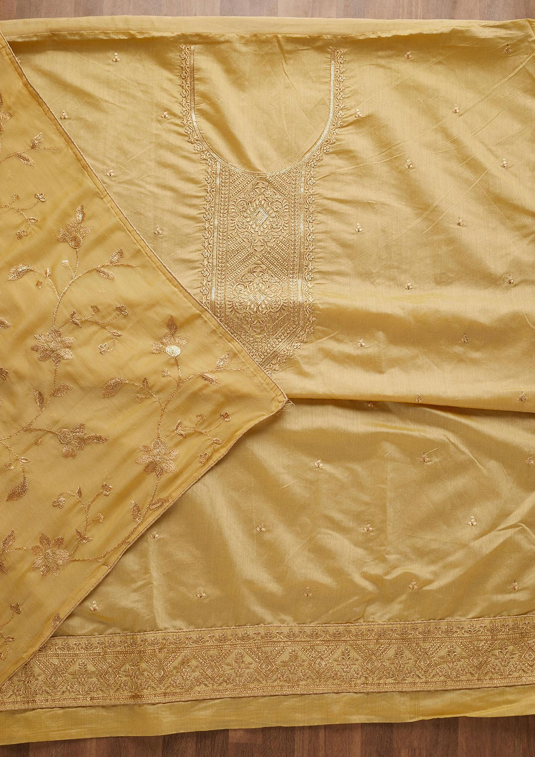 Yellow Zariwork Chanderi Unstitched Salwar Suit-Koskii