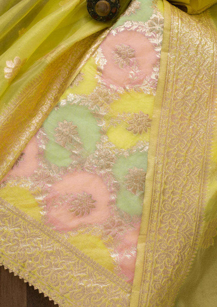 Yellow Zariwork Chanderi Unstitched Salwar Suit-Koskii