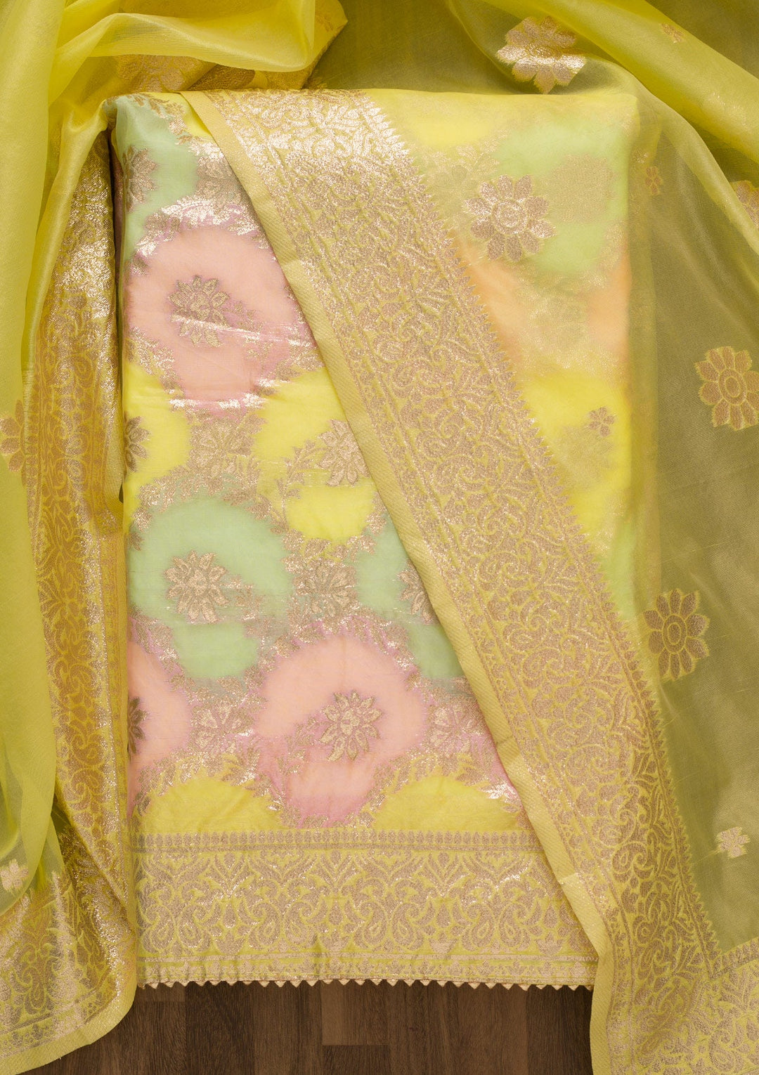 Yellow Zariwork Chanderi Unstitched Salwar Suit-Koskii