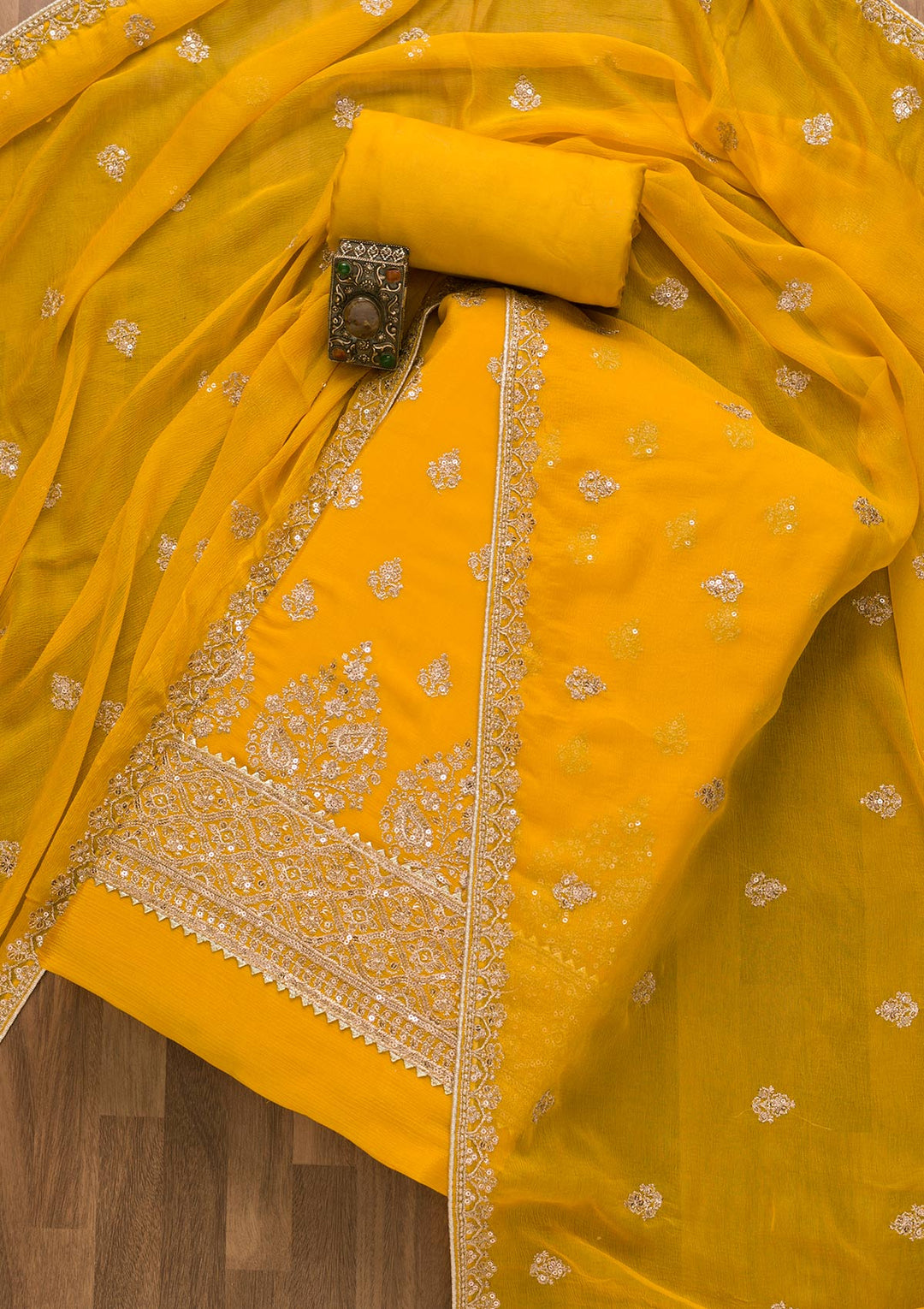 Yellow Zariwork Chiffon Unstitched Salwar Kameez-Koskii