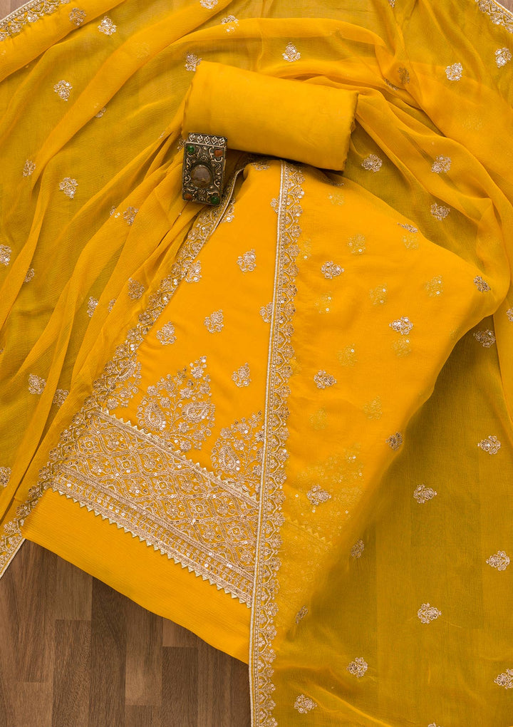 Yellow Zariwork Chiffon Unstitched Salwar Kameez-Koskii