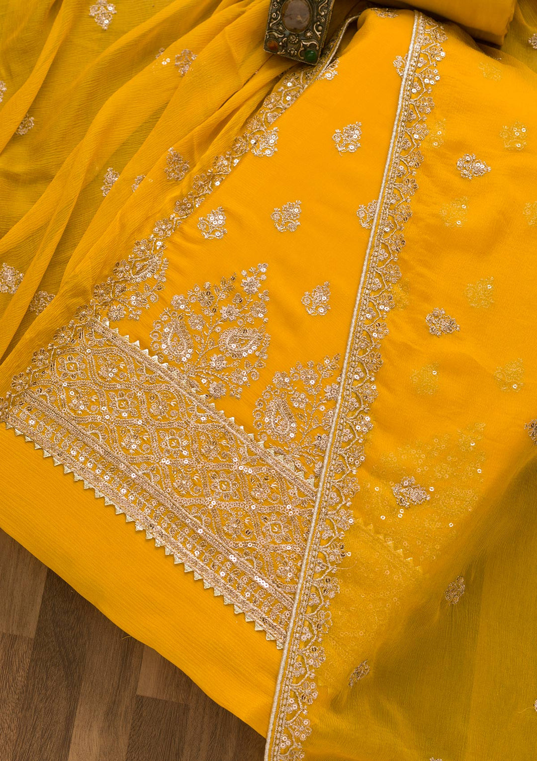 Yellow Zariwork Chiffon Unstitched Salwar Kameez-Koskii