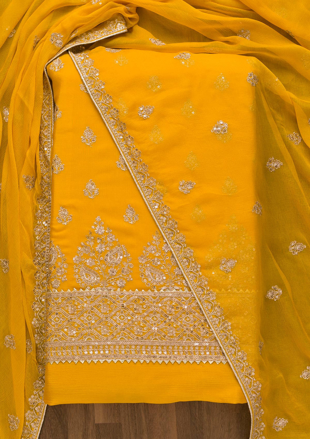 Yellow Zariwork Chiffon Unstitched Salwar Kameez-Koskii