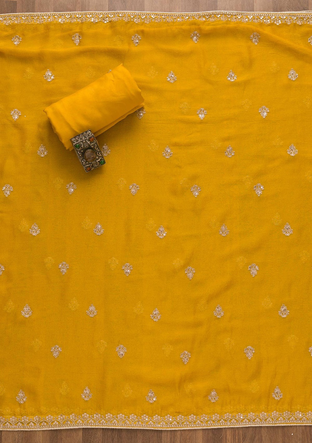 Yellow Zariwork Chiffon Unstitched Salwar Kameez-Koskii