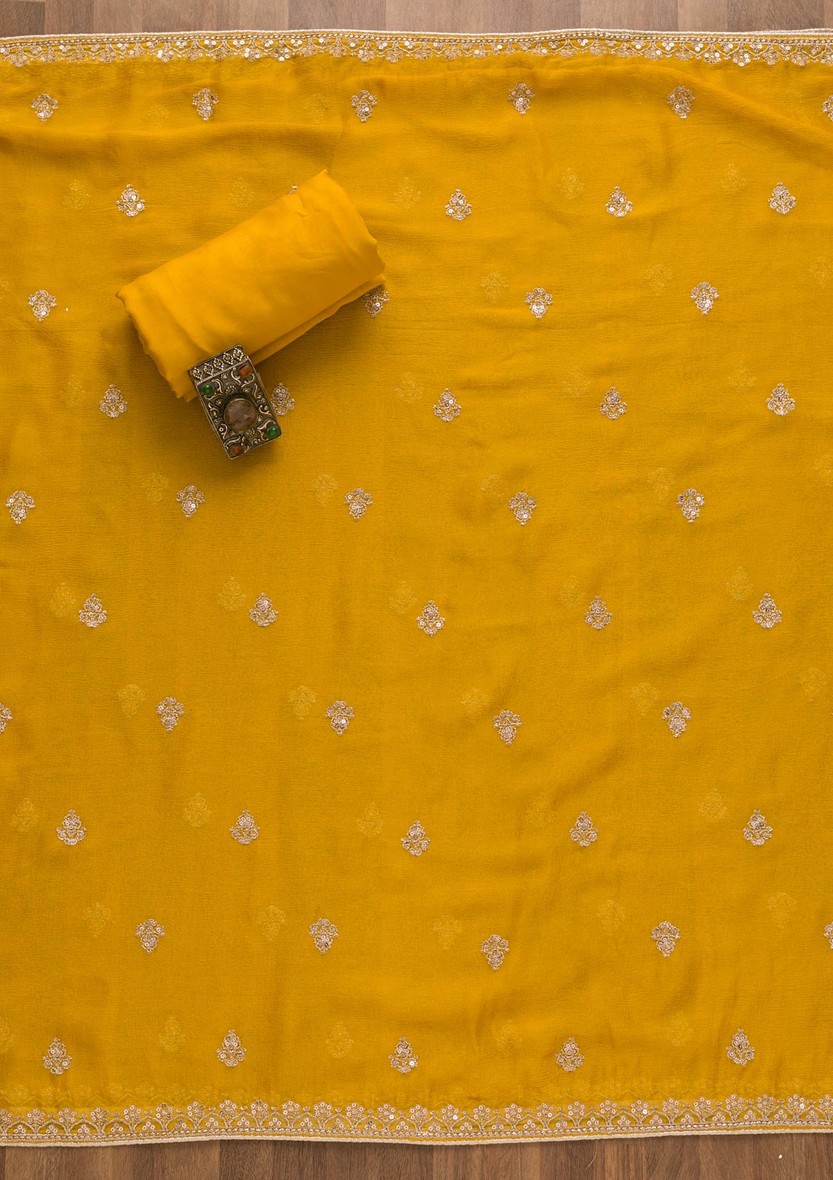 Yellow Zariwork Chiffon Unstitched Salwar Kameez-Koskii
