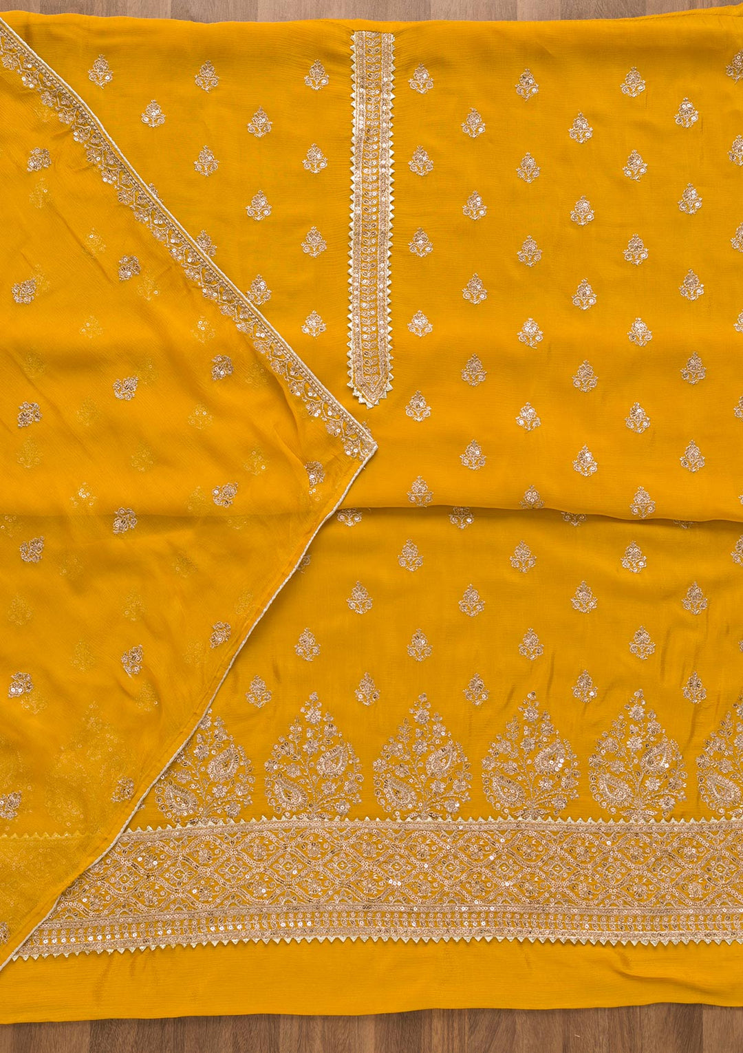 Yellow Zariwork Chiffon Unstitched Salwar Kameez-Koskii