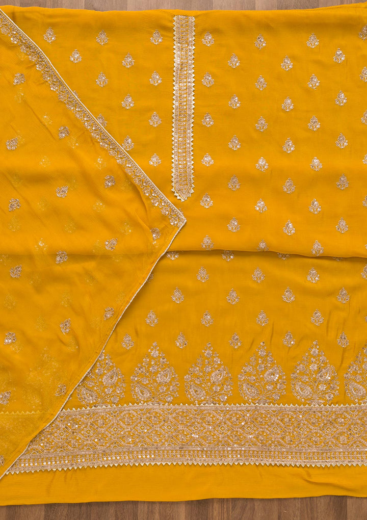 Yellow Zariwork Chiffon Unstitched Salwar Kameez-Koskii
