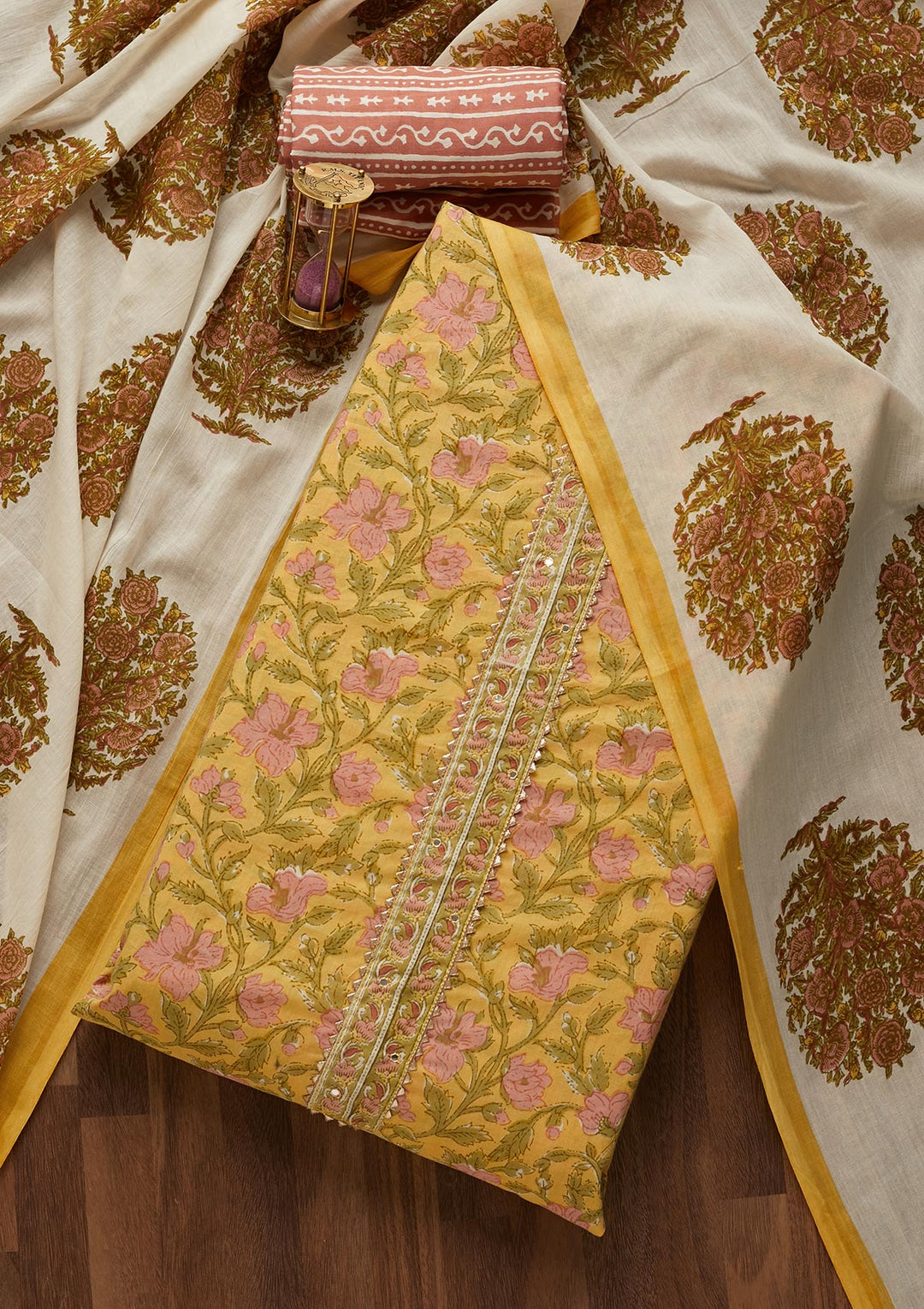 Yellow Zariwork Cotton Unstitched Salwar Suit-Koskii
