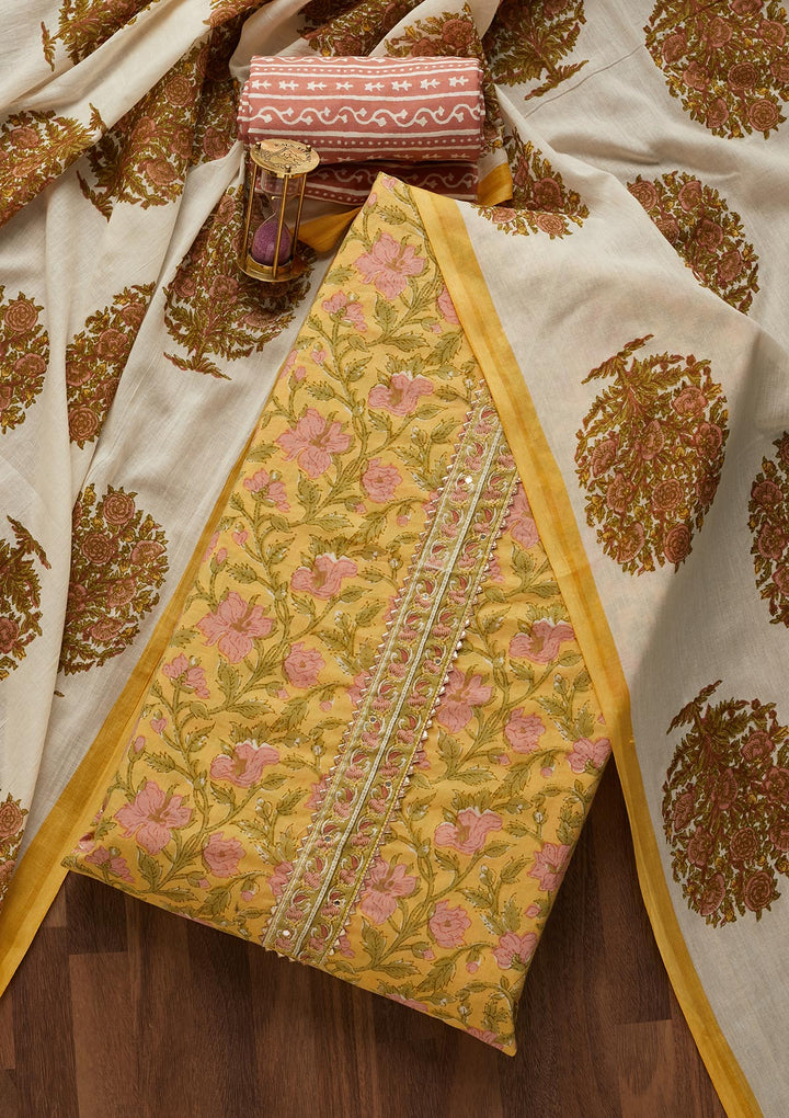 Yellow Zariwork Cotton Unstitched Salwar Suit-Koskii