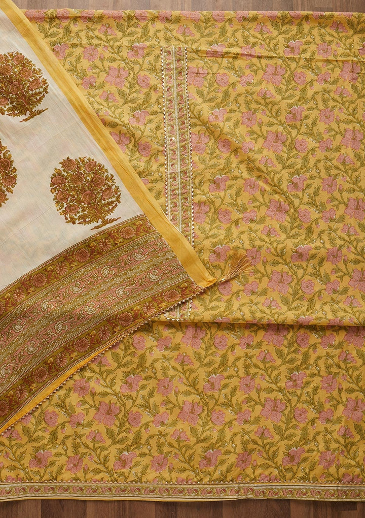 Yellow Zariwork Cotton Unstitched Salwar Suit-Koskii