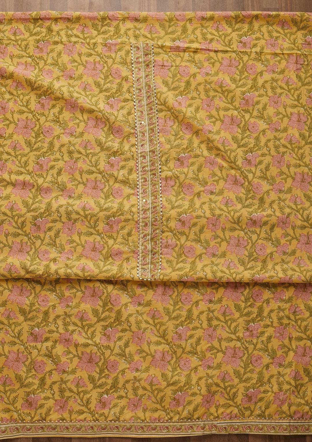 Yellow Zariwork Cotton Unstitched Salwar Suit-Koskii
