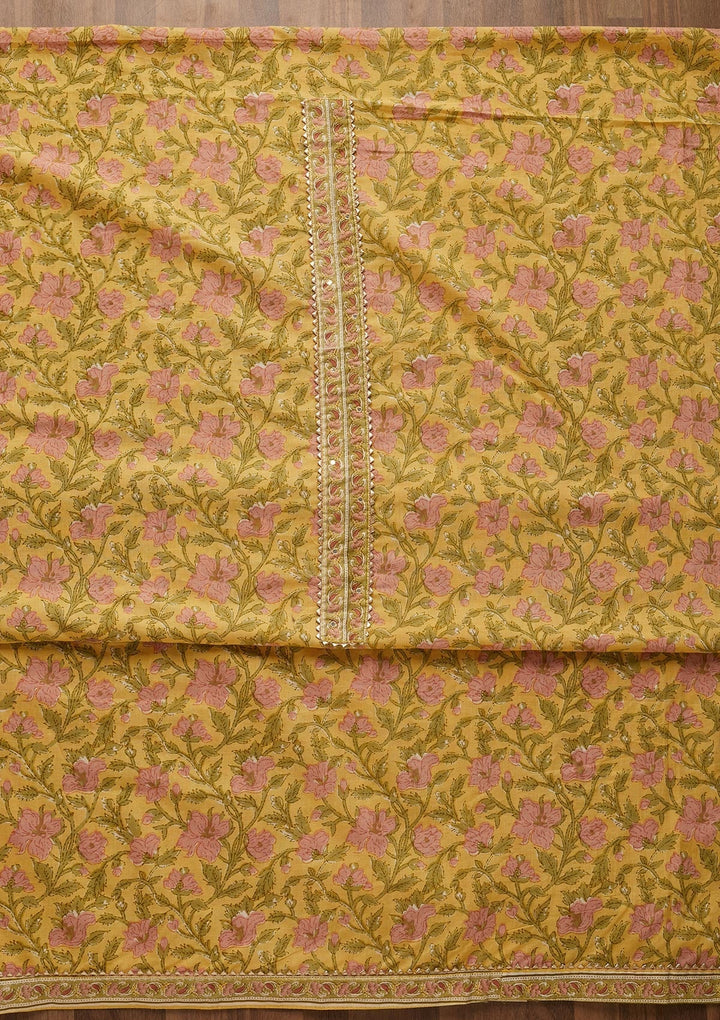 Yellow Zariwork Cotton Unstitched Salwar Suit-Koskii
