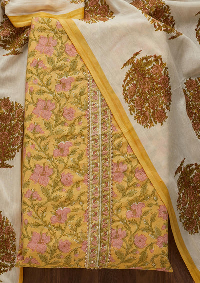 Yellow Zariwork Cotton Unstitched Salwar Suit-Koskii